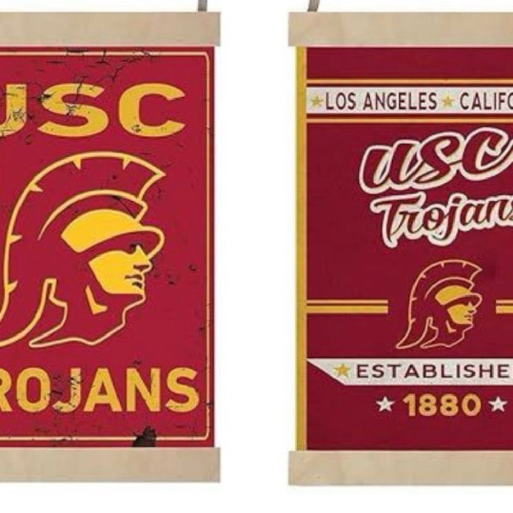 RED USC TROJANS FAUX RUSTED REVERSIBLE BANNER SIGN